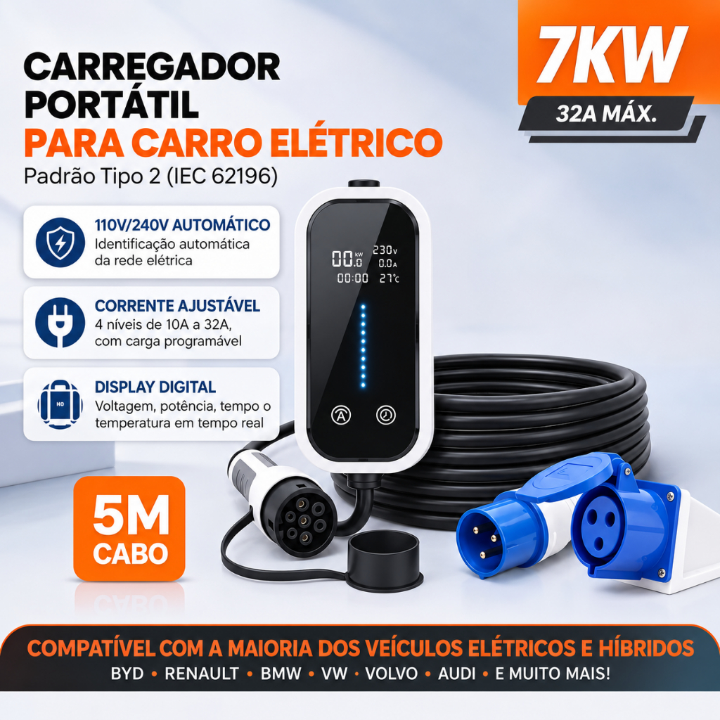 Carregador Veicular Portátil Carro Elétrico EV Type 2 (3.5kW / 7kW) Cabo 5 Metros Bivolt + Bolsa