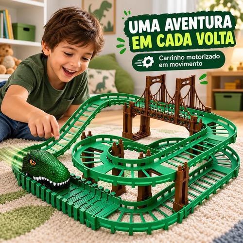 Pista de Dinossauro com Carrinho Motorizado Montar e Desmontar 150cm Funciona com Pilha com Curvas Pontes Subidas e Desc