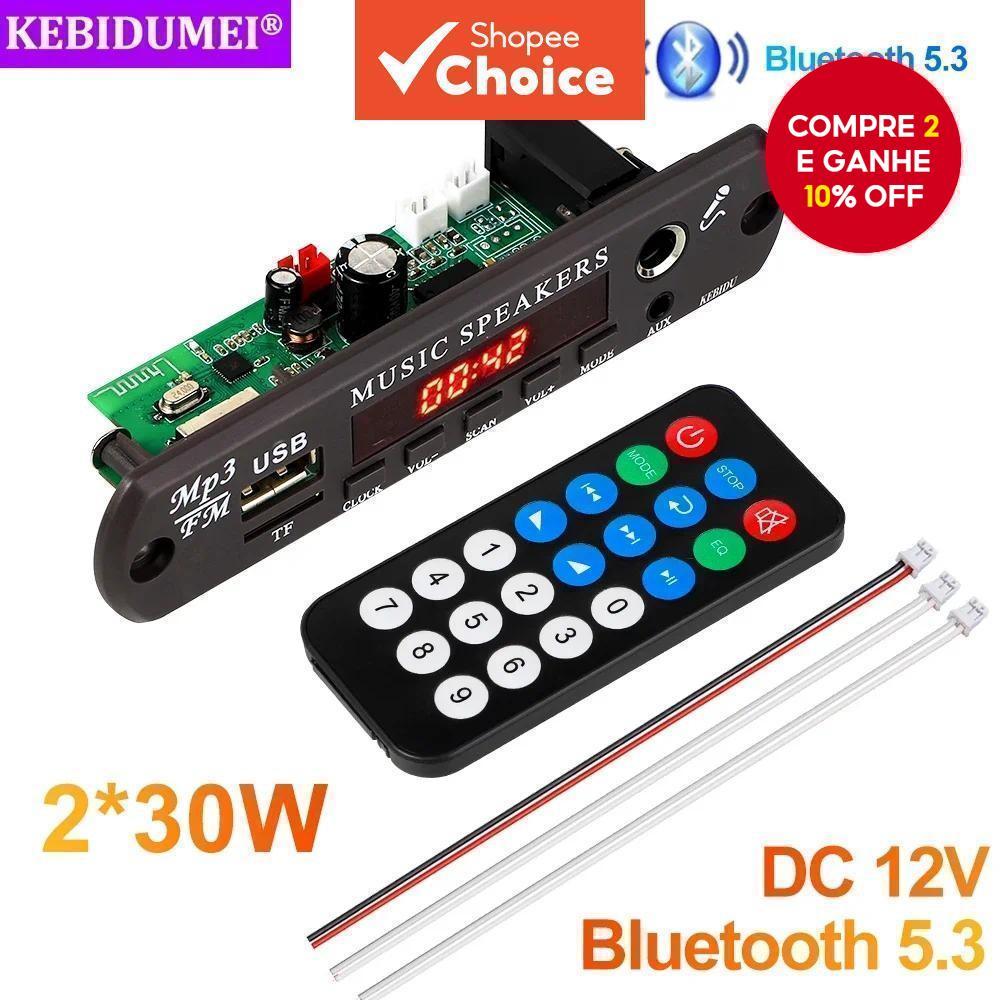 Placa Bluetooth 5.0 MP3 Player 60W – MP3 Player sem fio com microfone, TF, AUX, rádio FM e relógio para alto-falantes