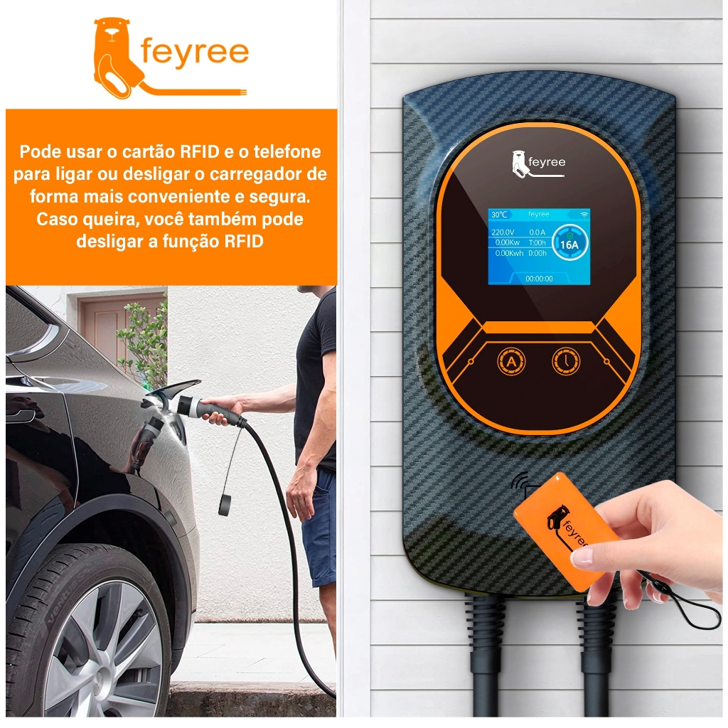 Feyree Carregador EV Portátil 32A 7.6KW Carregamento Rápido Para Veículos Elétricos APP Controlo Wi-Fi Definindo