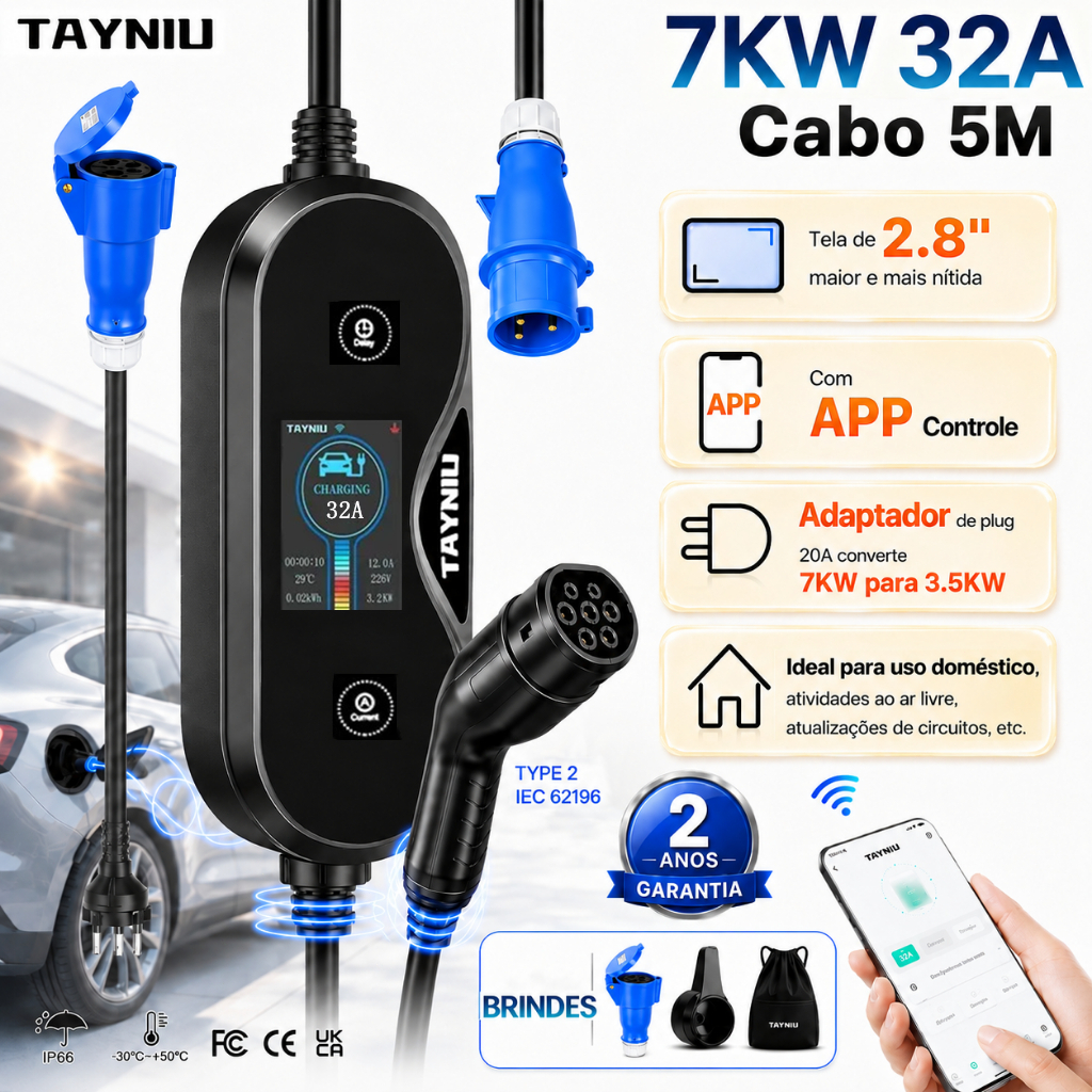 TAYNIU carregador ev 7kw portátil 32A Tipo 2 com Tela 2.8