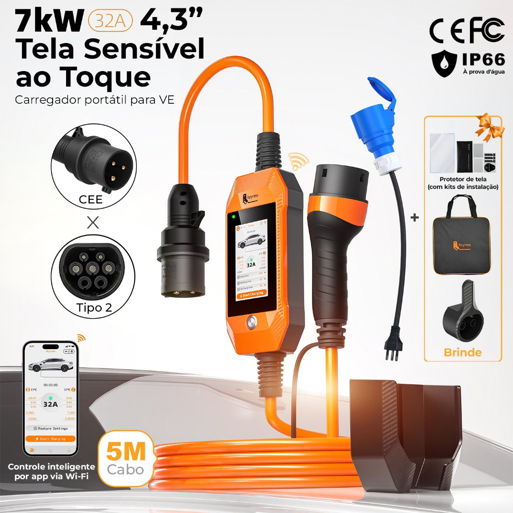 Feyree Carregador Para Carro Elétrico 7KW 8A-32A Com Tela Sensível Ao Toque De 4,3