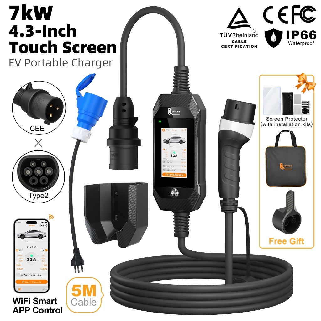 Feyree Carregador Para Veículos Elétricos 7kW 8A-32A Com Tela Sensível ao Toque de 4,3
