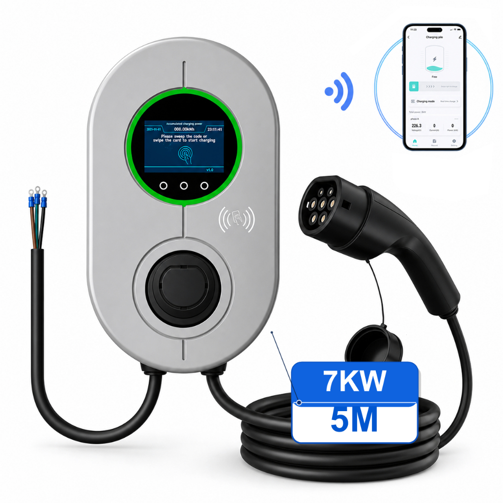 Carregador EV Wallbox 7kW Tipo 2 32A 110/220V com APP, Wi-Fi, RFID e Cabo de 5m para Carro Elétrico