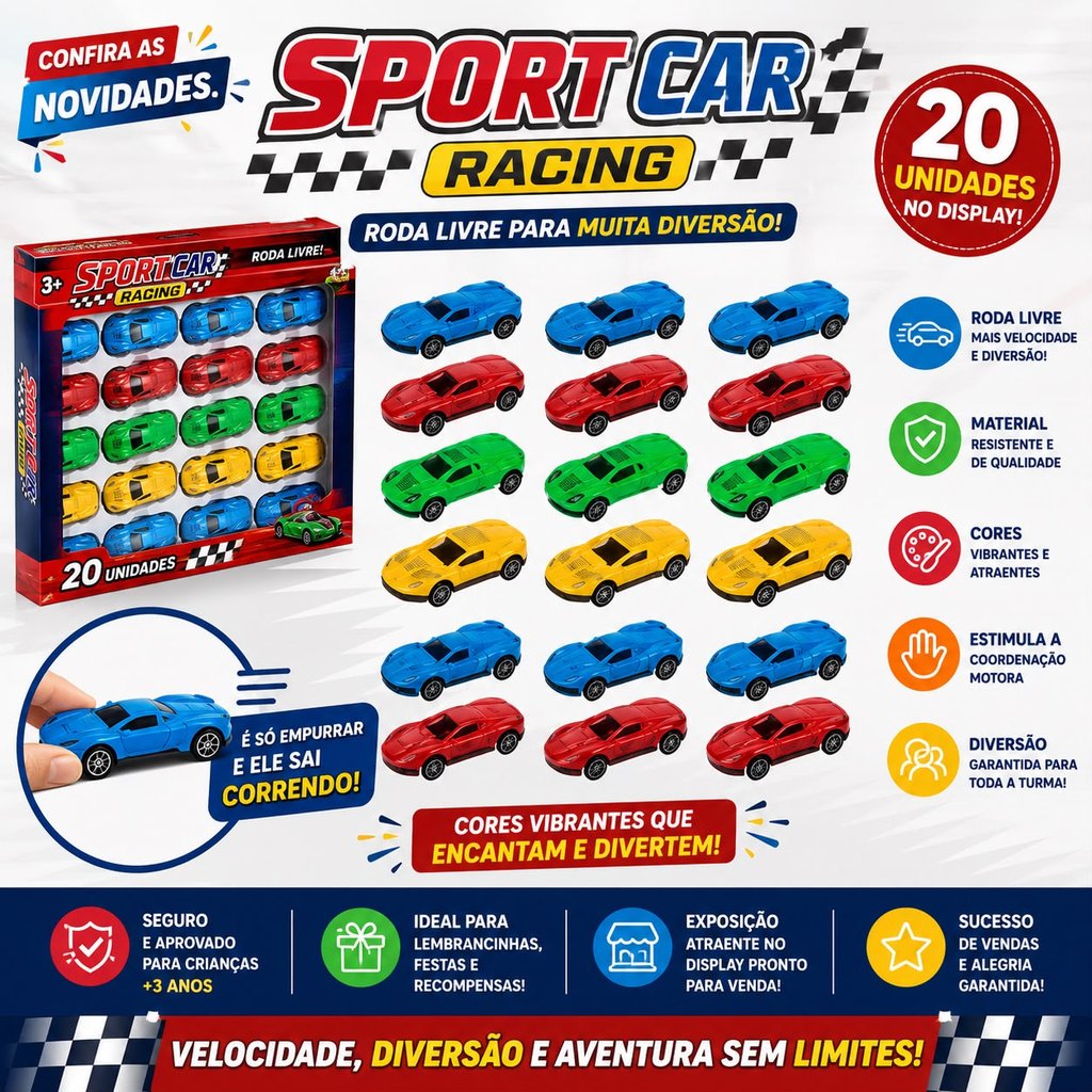 Mini Carrinhos Coloridos  Sport Car Racing Roda Livre  Display com 20 Unidades