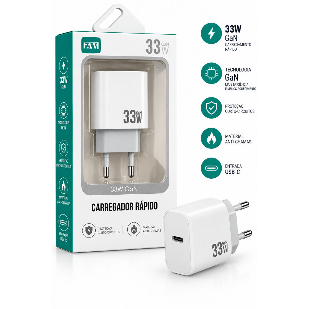 Carregador Turbo 33W GaN USB-C Tipo C Carga Rápida FAM