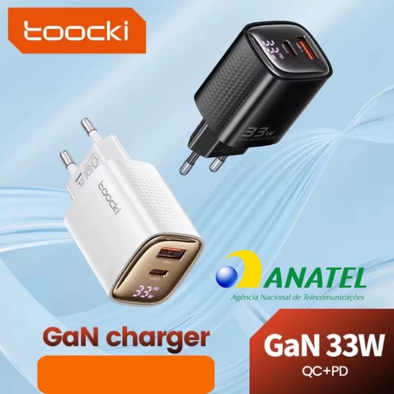 Carregador Turbo 33w Toocki Com Display Digital Mostrando Status De Carregamento Tecnologia GAN
