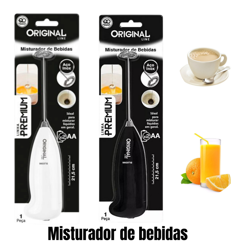 Misturador mixer portátil elétrico para bebidas cor preto e branco usa 2 pilhas