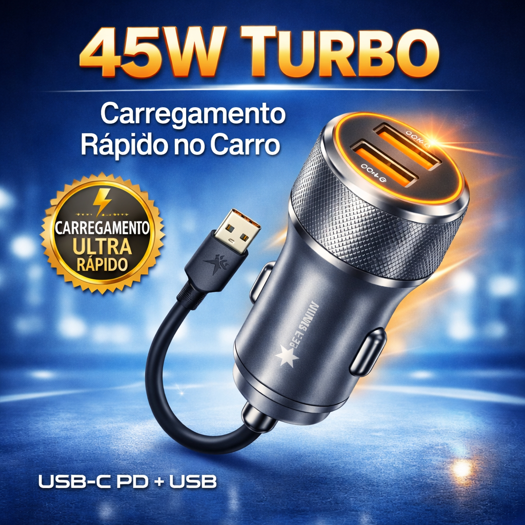 PEINING Carregador Automotivo 45W Turbo USB-C PD + USB - Carregamento Rápido para iPhone, Samsung e Xiaomi