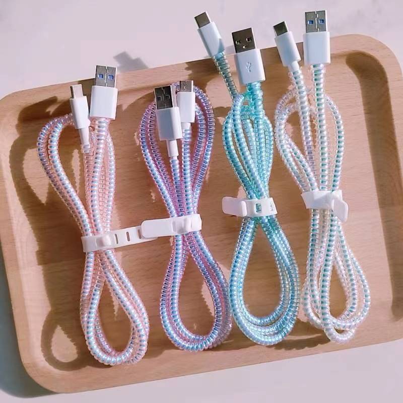 Colorido Laser Espiral USB Cabo Protetor, Envoltório Cord para iPhone, Samsung, Xiaomi, Manga Cabo de Dados, 140cm