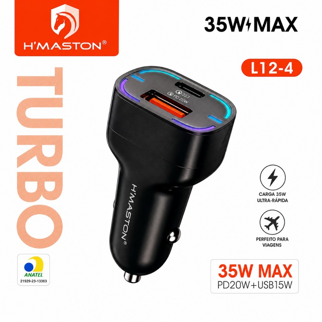 Carregador Veicular Turbo H’Maston 35W 2 entradas USB-C 20W + USB 15W