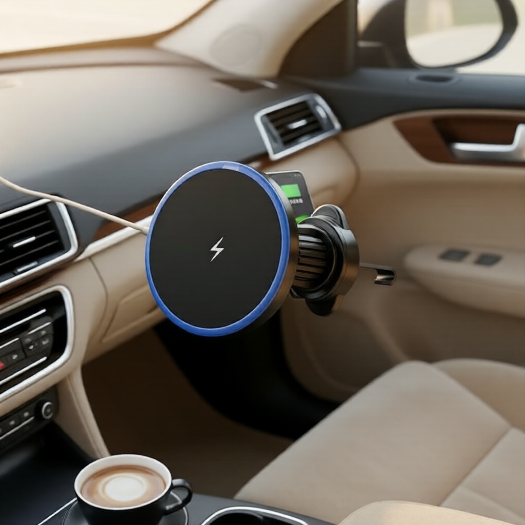 Carregador de Carro Magnético para Carro de 15W com Suporte para Ventilação e Indicador LED