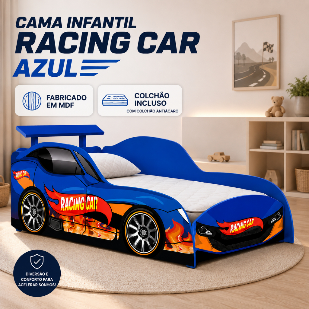 Cama Infantil Racing Car Azul em MDF com Colchão Antiácaro