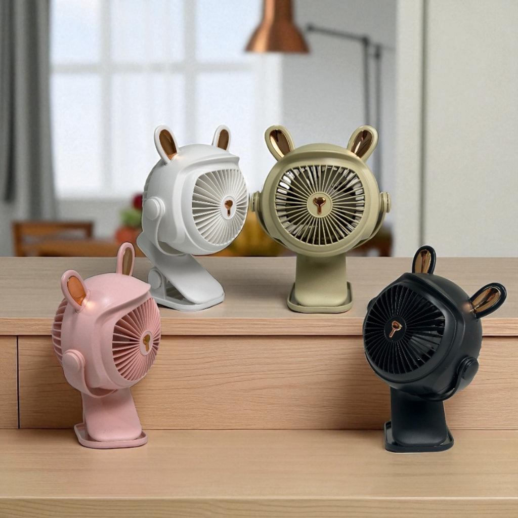 Mini Ventilador de Orelhinha Portátil Com Apoio de Mesa e Clip de Fixação / Luz Noturna Recarregável