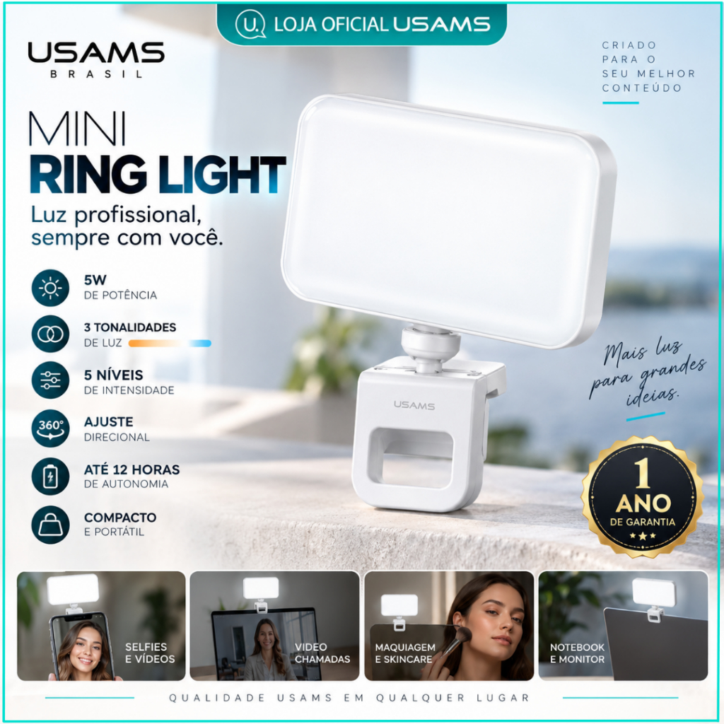 Mini Ring Light USAMS 5W LED 3 Cores Portátil 360° para Celular Notebook Fotos Vídeos Live Vídeo Foto
