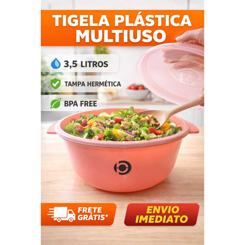 Tigela Plástica Multiuso Rosa 3,5 Litros com Tampa Hermética BPA Free –Saladeira, Alimentos