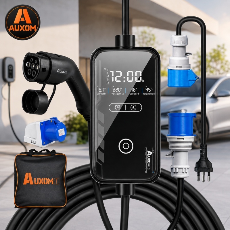 AUXOM Carregador Carro Elétrico Portátil 7kW 32A Type 2 Bivolt 110V 220V com Adaptadores