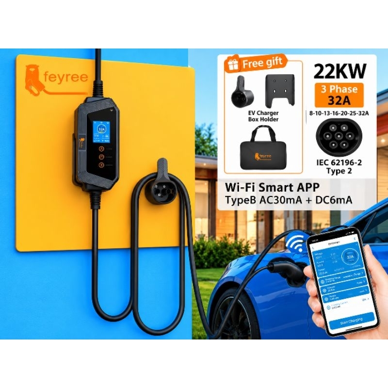 Carregador Carro Elétrico Portátil 22kw 3p 32a Tipo2 Com App