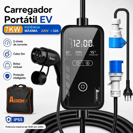Carregador Portátil para Carro Elétrico 7kW 32A Tipo 2 220V Cabo 5m Corrente Ajustável