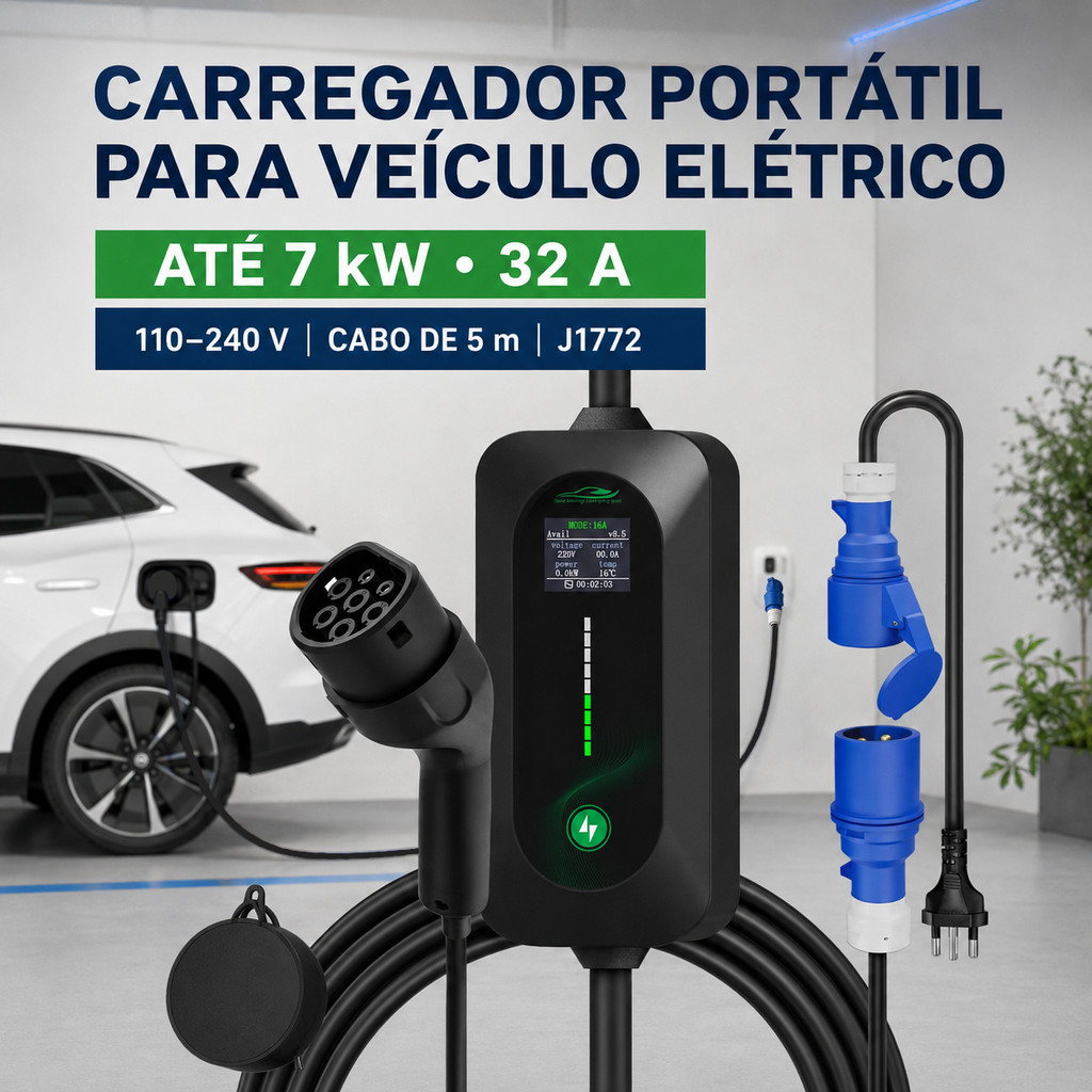 Wallbox Portátil EV 7kW 32A Tipo 2 Bivolt– Carregador com Ajuste de Corrente 8-32A para a Maioria dos Elétricos