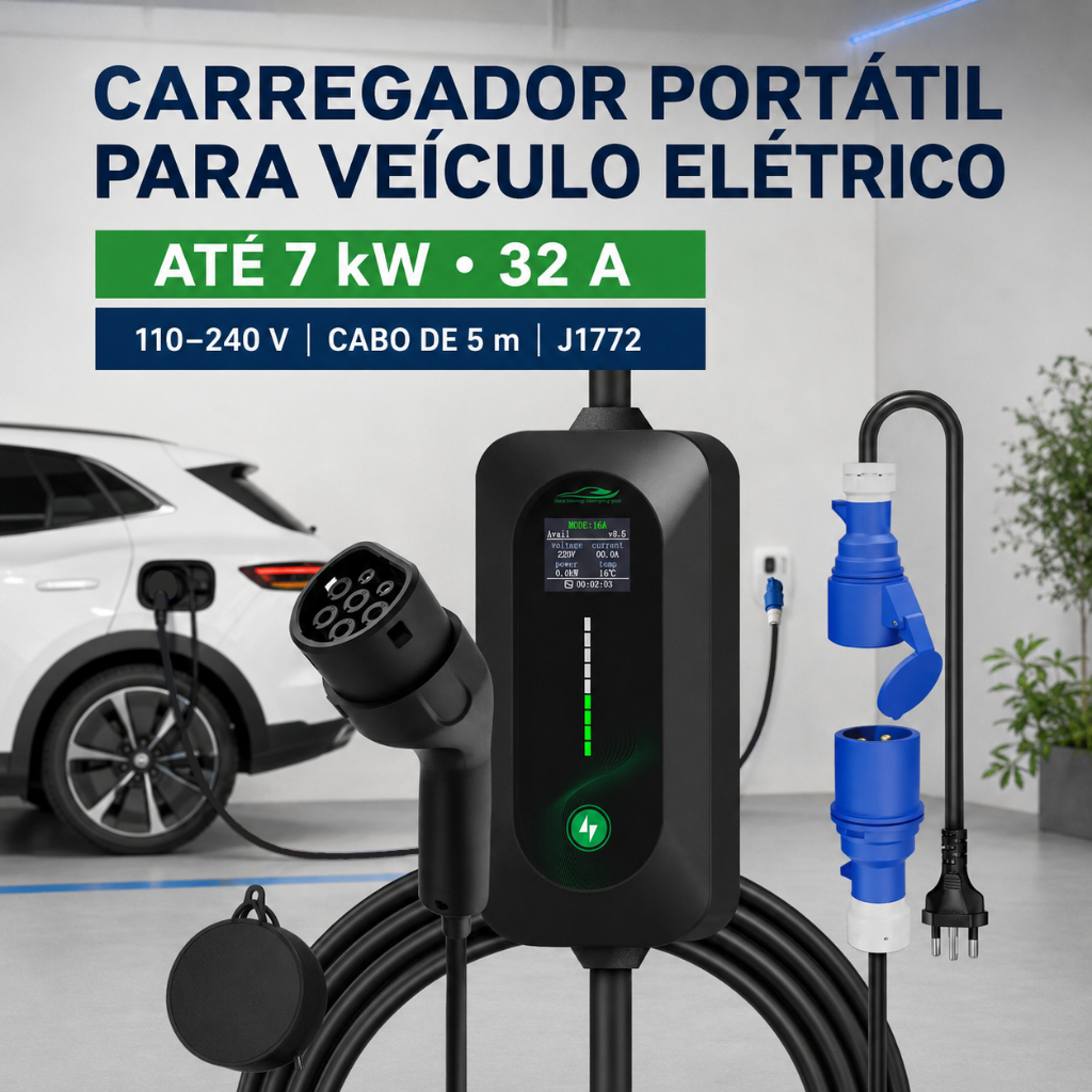 Carregador Carro Elétrico 7kW Tipo 2 com 4 Modos de Corrente (8-32A) – IP55 e Cabo 5m Bivolt