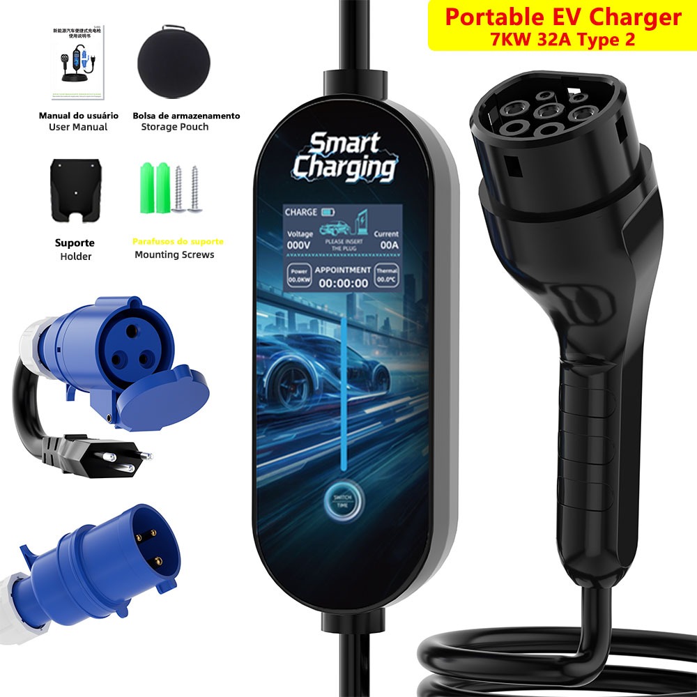 Carregador Portátil para Carro Elétrico 7kW 32A Tipo 2, Bivolt 110V/220V