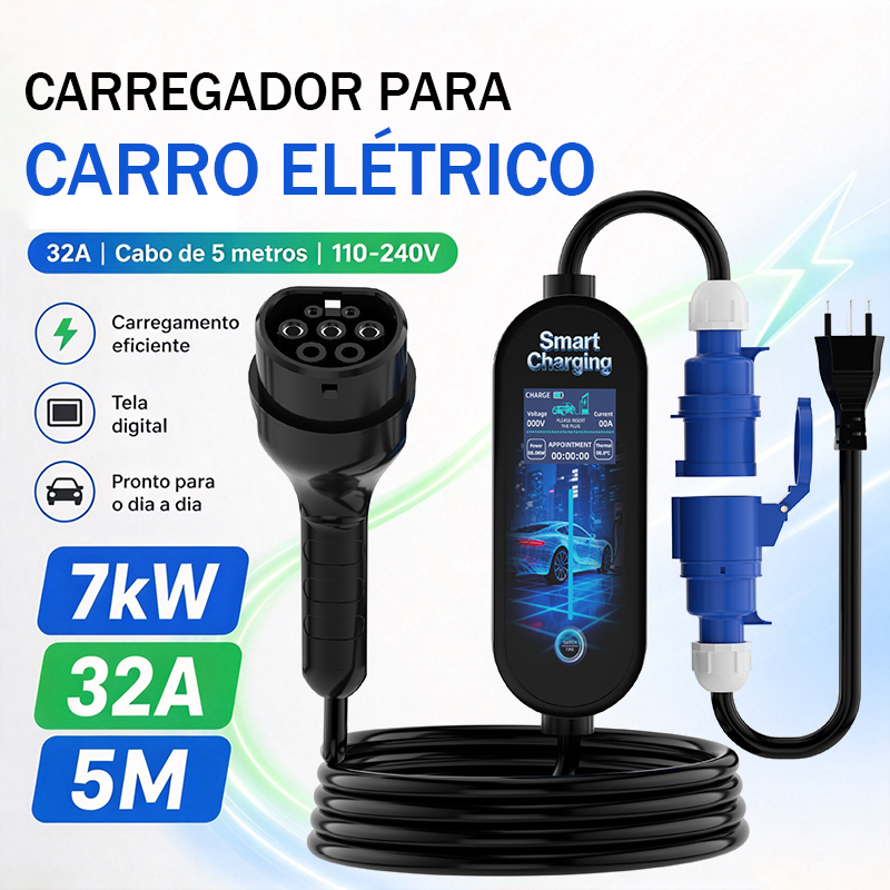 Carregador EV Portátil 7KW Tipo 2, Ajustável 8-32A, Bivolt 110-240V, Cabo 5m para Carros Elétricos