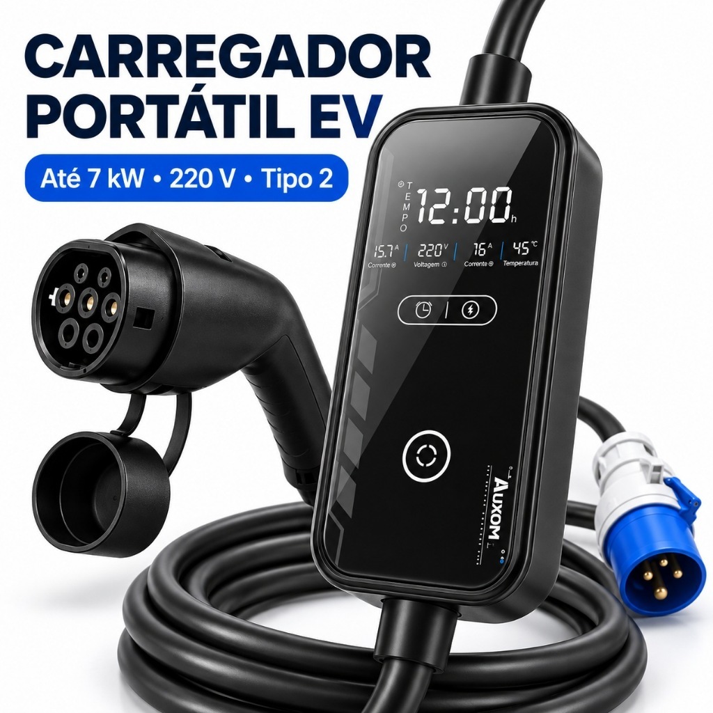 Carregador Portátil para Carro Elétrico Tipo 2 7kW 32A 220V Cabo 5m Corrente Ajustável com Timer
