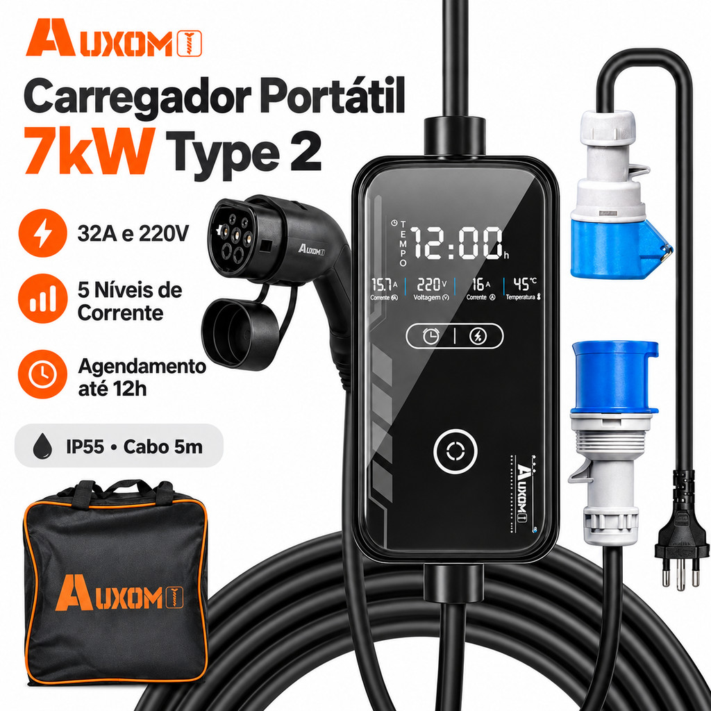 Carregador Portátil para Carro Elétrico 7kW 32A 220V Type 2 com 5 Níveis de Corrente Ajustável