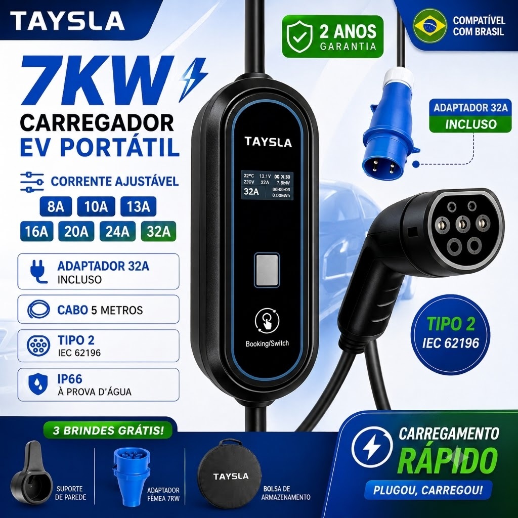 TAYSLA Carregador EV portátil 7KW 32A Tipo2 EVSE Caixa de carregamento Cabo de carregamento 5m para veículo elétrico