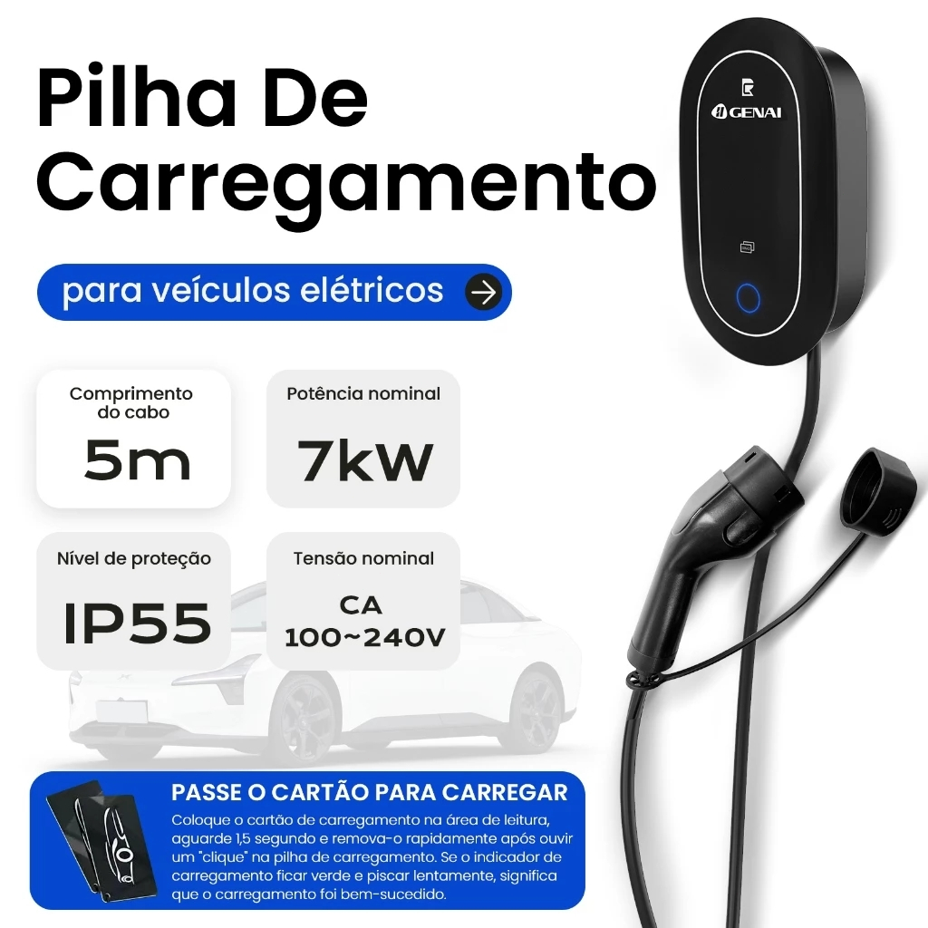 Carregador Carro Elétrico Montagem em Parede  7kw 32A IP55 Bivolt Cabo 5m