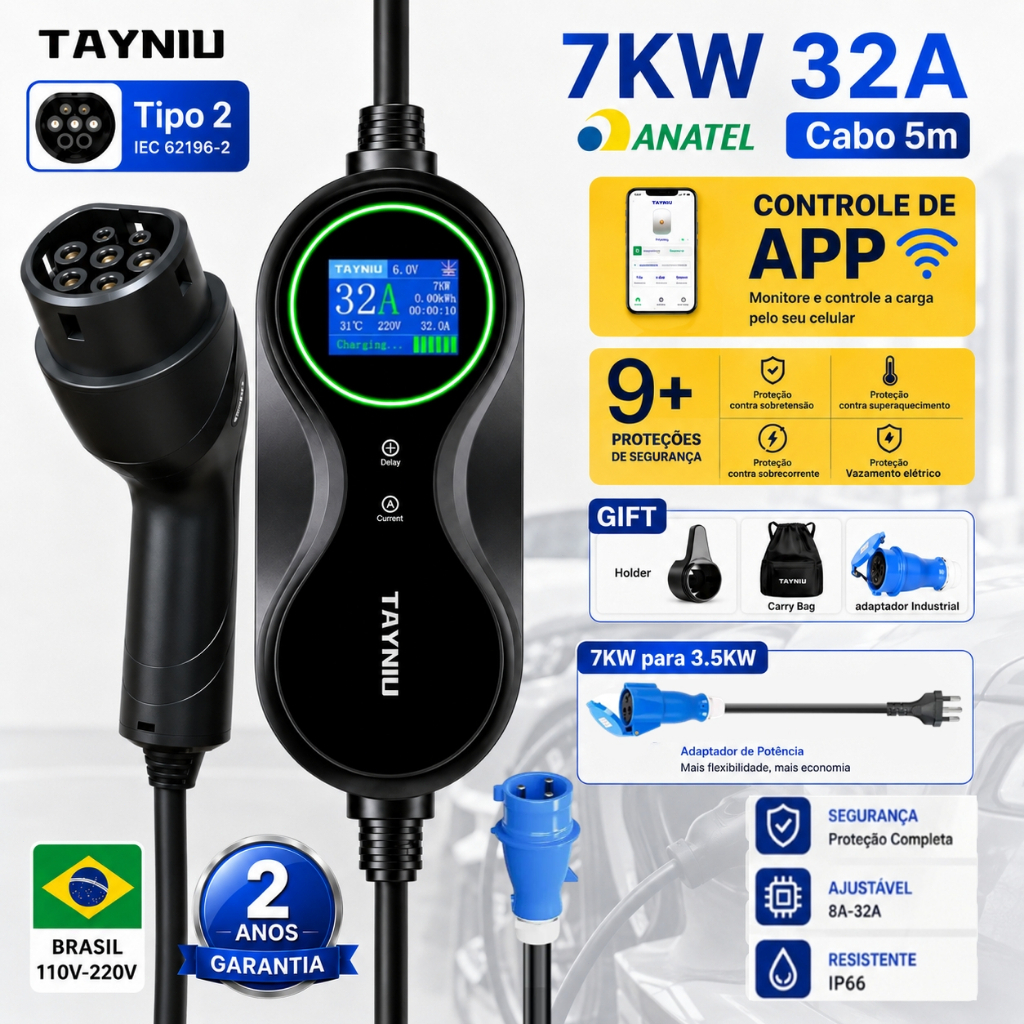 Carregador de carro elétrico Portátil TAYNIU 7KW 32A Tipo 2 tela 1,8