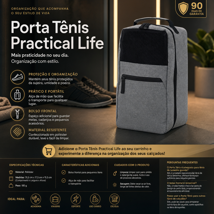 Porta Tênis Practical Life Bolsa Chuteira calçados Poliéster Bolso Frontal e Alça de mão viagem