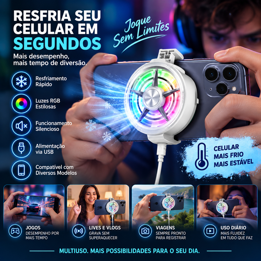 Hou Clip On Phone Cooler Fan Multi Cenário Use RGB Light USB Powered Fast Radiator Para Jogos Vlog Live