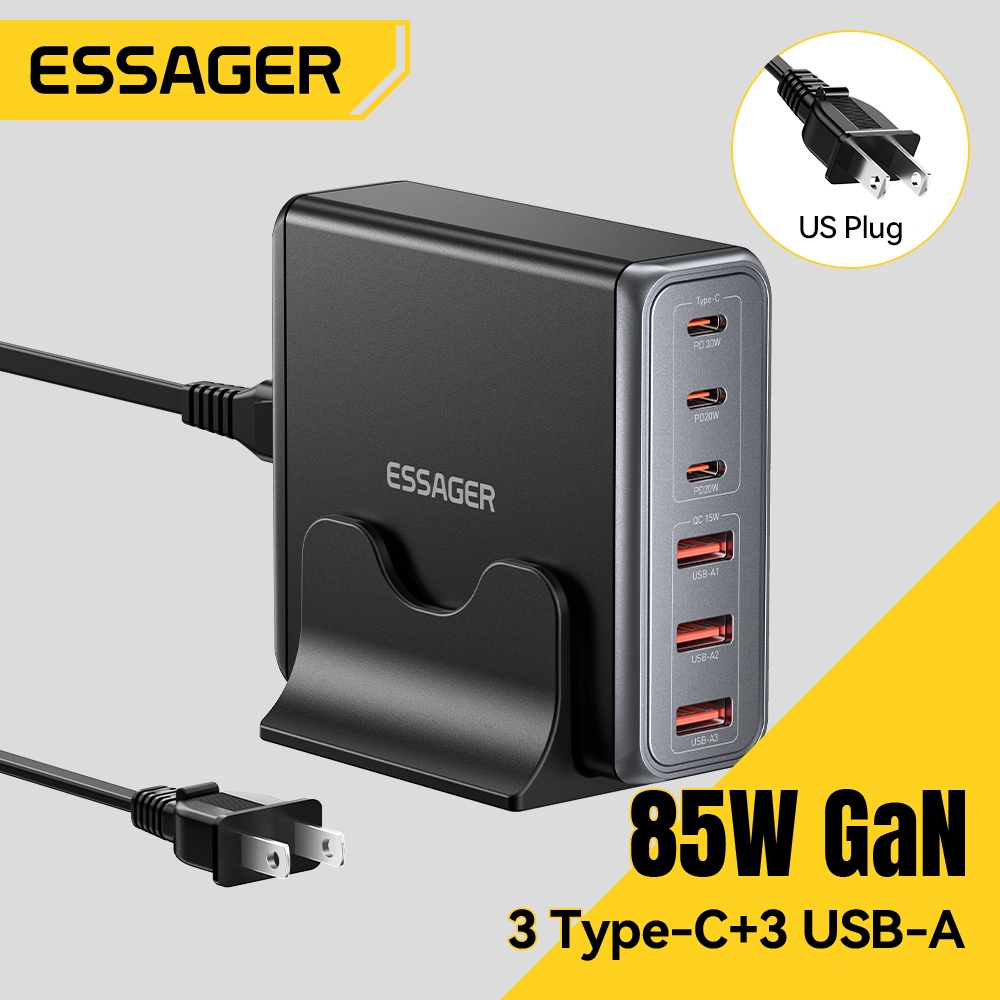 Essager 85W GaN USB Carregador 6 em 1 Mesa Carregamento Rápido USB Tipo C Para iPhone 17 16 15Pro Xiaomi Samsung
