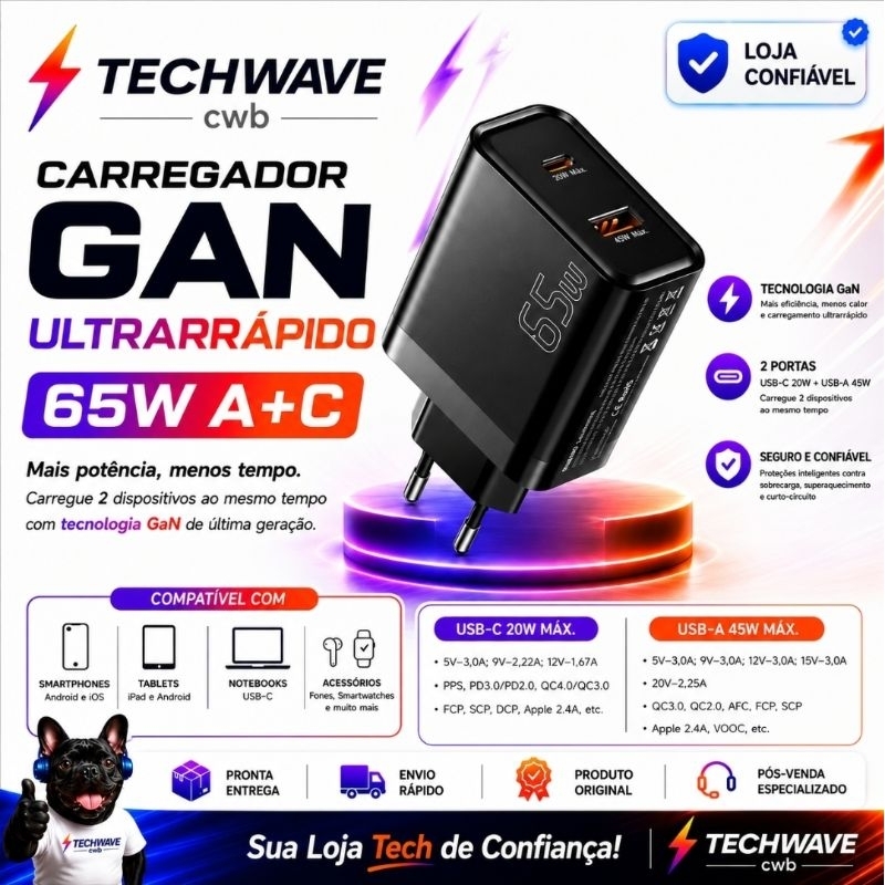 Carregador GaN 65W USB-C + USB-A Essager | Carregamento Rápido e Seguro