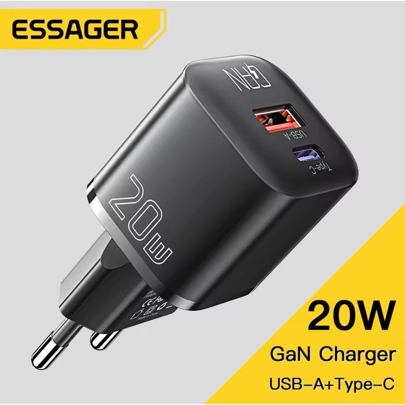 KIT 4 Carregador USB + Tipo C Essager GaN Carregador Rapido QC3.0 20w P/Android e IOS