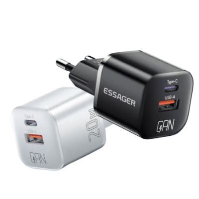 Carregador USB + Tipo C Essager GaN 20w Carreg Rapido QC3.0 P/IPhone 15/16/17 e Android + Cabo 100w Cabo Tipo C Tipo C