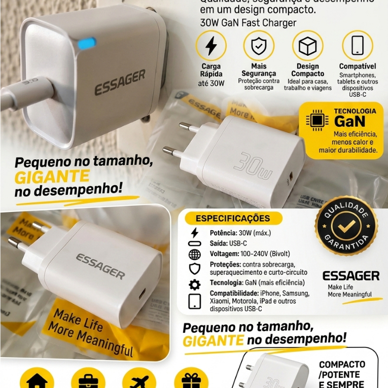 Carregador Turbo Essager 30w iPhone Android Tipo-C Premium GaN