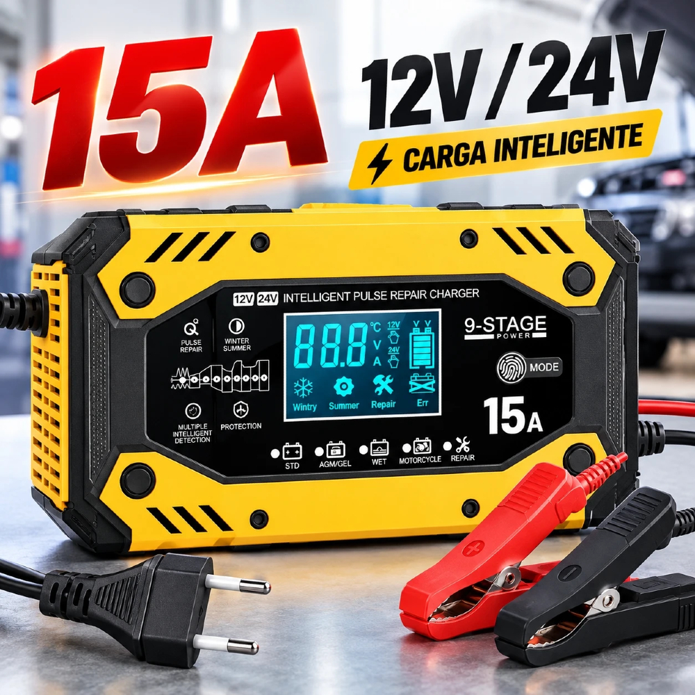Carregador de Bateria Automotiva Inteligente 15A 12V/24V LCD com Reparo para LiFePO4 AGM GEL Carro Moto
