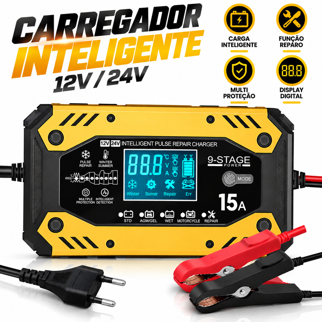 Carregador De Bateria Inteligente 12V 24V 15A Litio LiFePO4 AGM Gel Chumbo