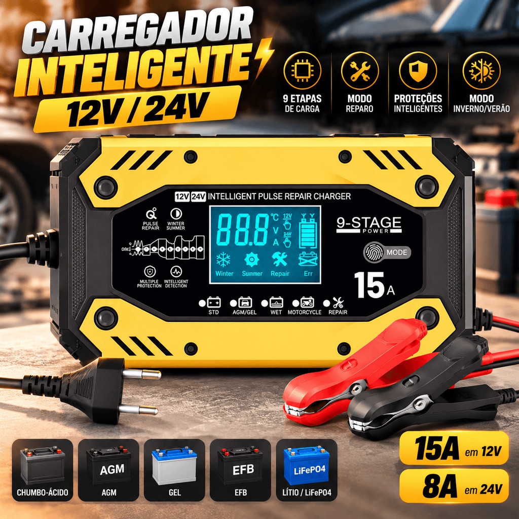Carregador de Bateria 15A 12V/24V para Lítio LiFePO4 Chumbo AGM e Gel