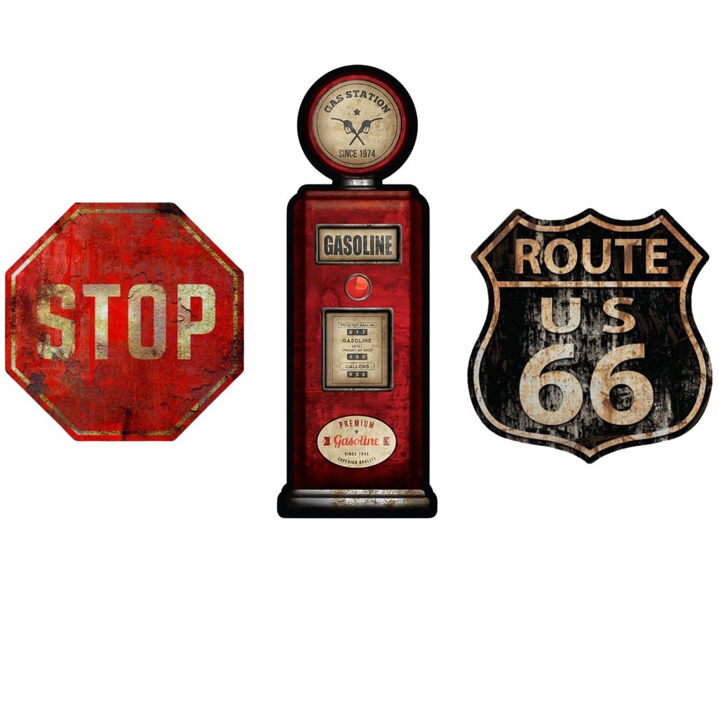 Kit Placas Decoração Stop, Gas Station e Route 66 Trânsito