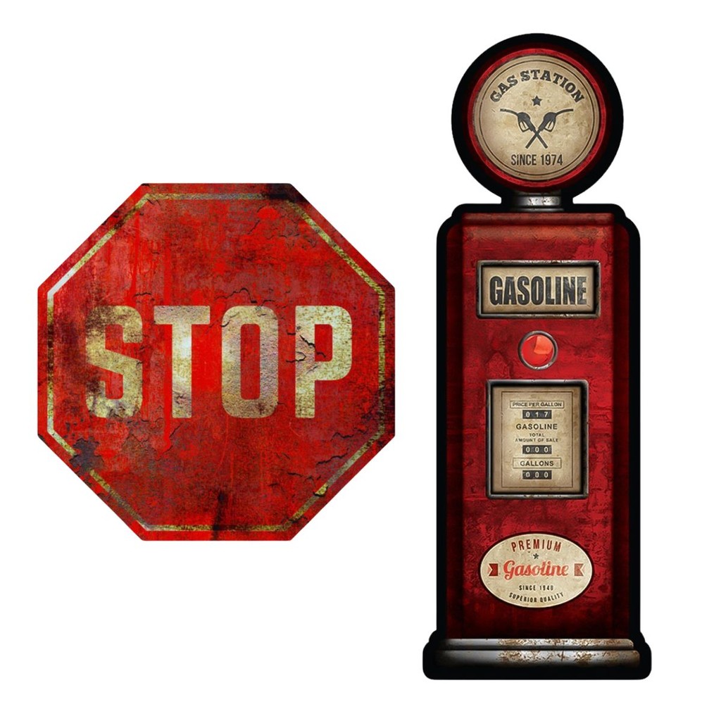 Kit Placas Decorativas Gas Station + Stop Trânsito – Decoração Vintage em MDF