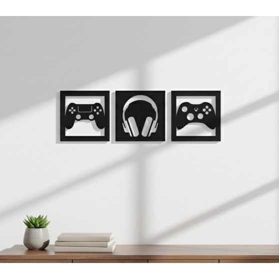 Trio de Quadros GAMER HEADPHONE em MDF Vazado na cor preta Para quartos sala DECORAÇÃO PLAY STATION