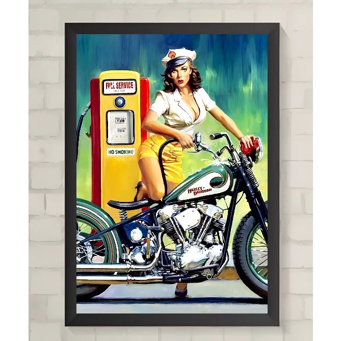 Quadro   -  Gas Station Pin Up Motorcycle   -  Decora  -  24 Cm P/ 33 Cm