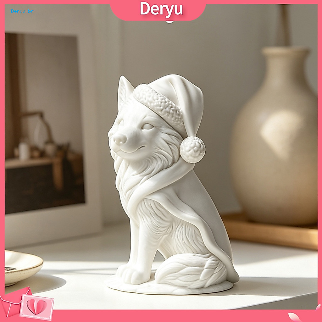Desk Decoration Accessories 3d Printed Cute Wolf Figurine with Santa Hat Scarf – Christmas Animal Decor for Tabletop M