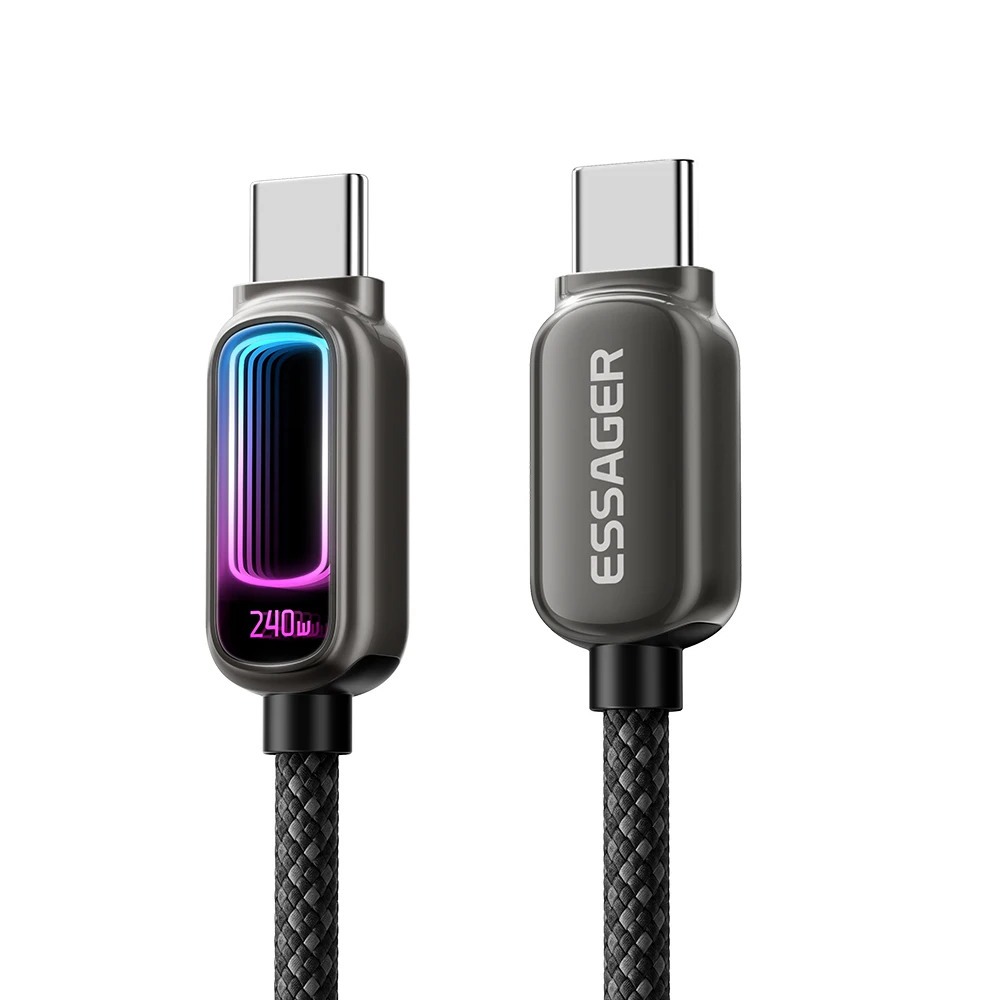 Cabo Essager 240W USB C Para USB C 2m Infinity Mirror RGB Dinâmico ES-X81 Preto Pronta Entrega