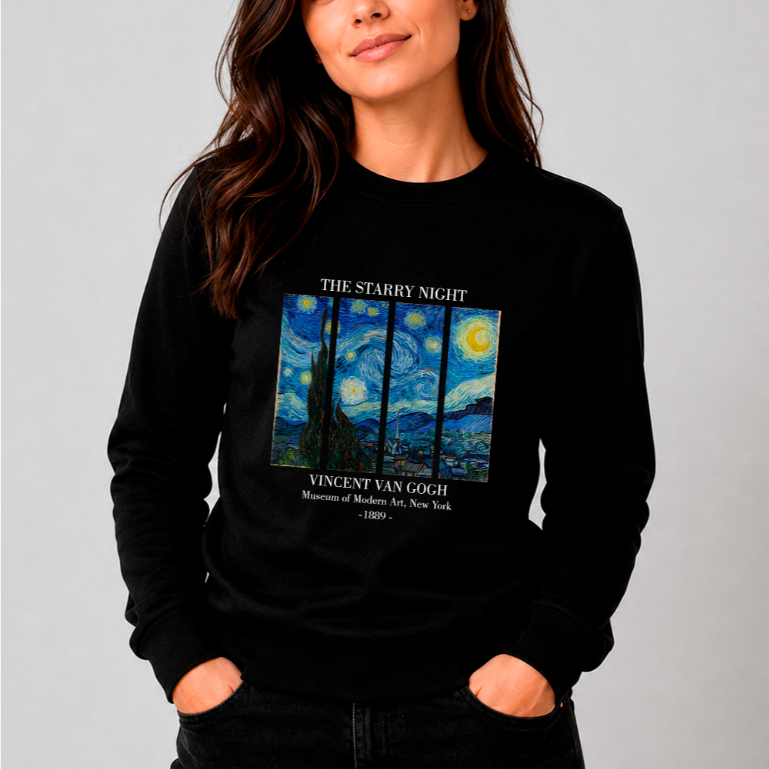 Moletom The Starry Night Van Gogh Unissex Manga Longa Gola Careca Estampa Arte Museu Céu Estrelado