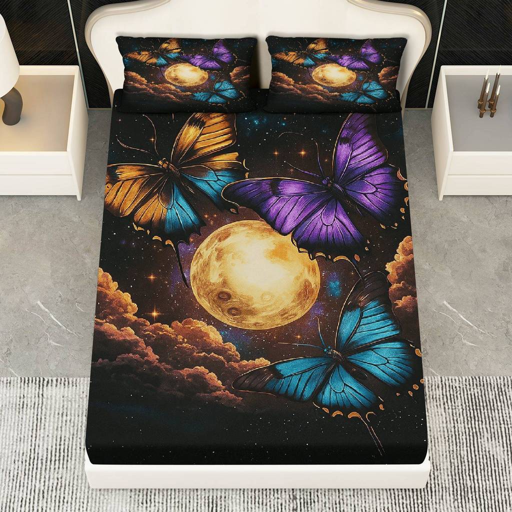 Conjunto 3 Peças Lençol Butterfly Moon Starry (1 Justo+2 Fronhas, Sem Núcleo), Tema Halloween